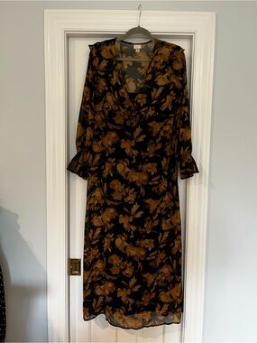 a new day Black Floral V-Neck Midi Dress with Brown Print